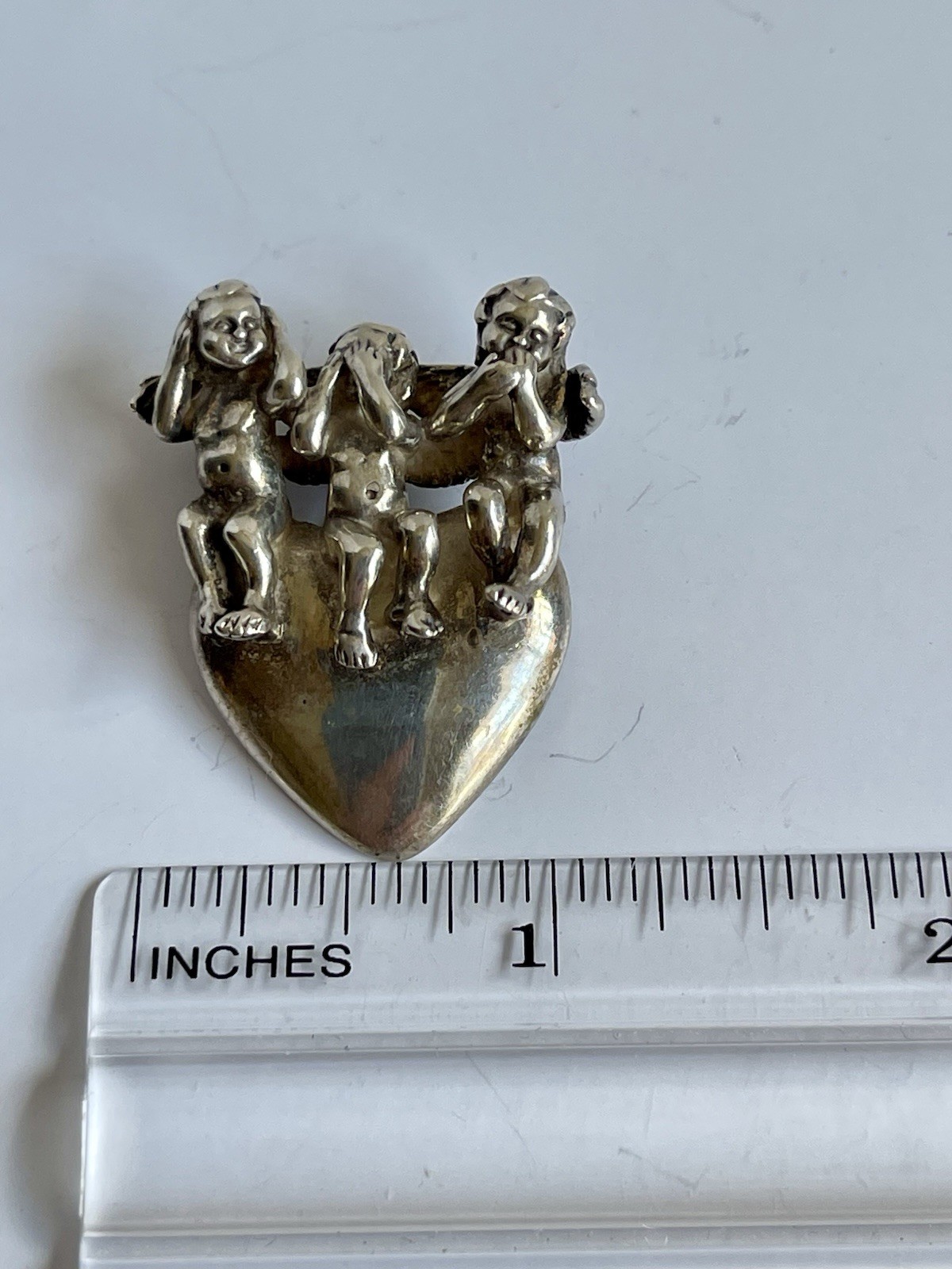 Vintage Sterling Silver 925 KABANA Three Angels Heart Pendant “See No Evil…”