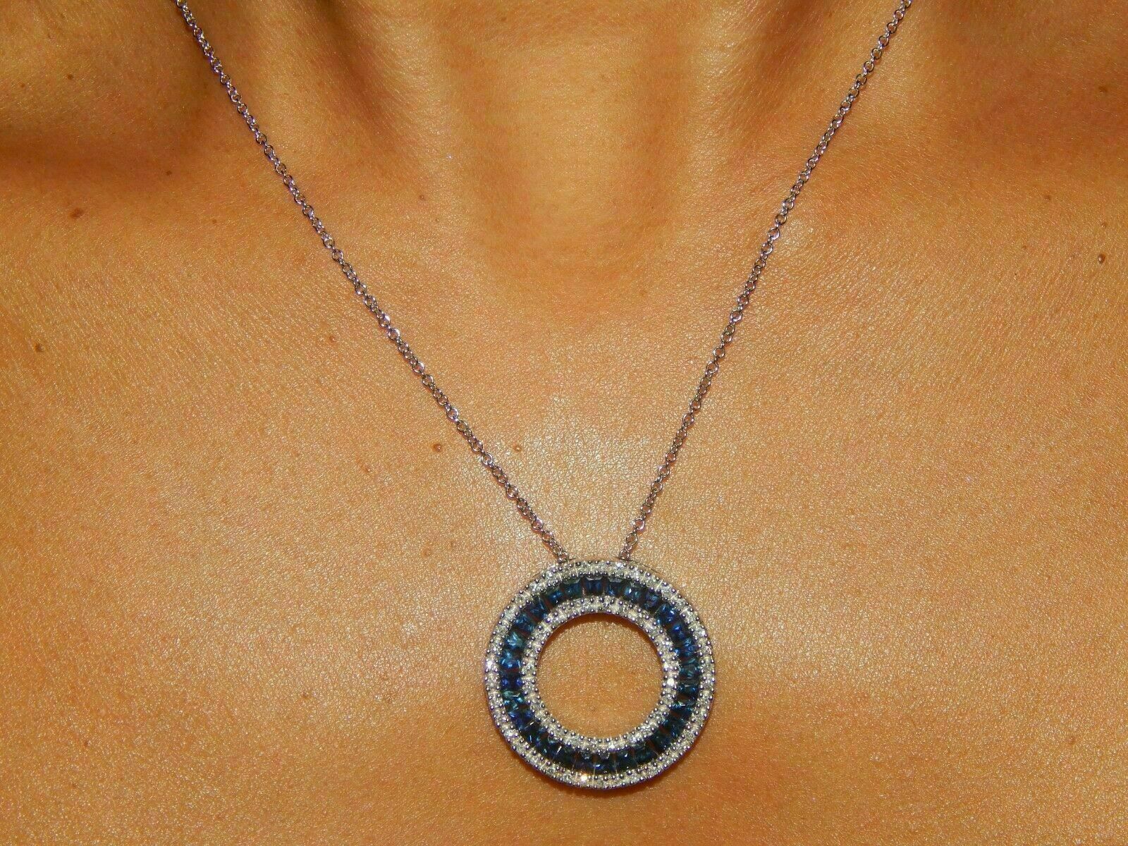 3Ct Princess Cut Blue Sapphire Round Pendant 14K White Gold Finish Free Chain