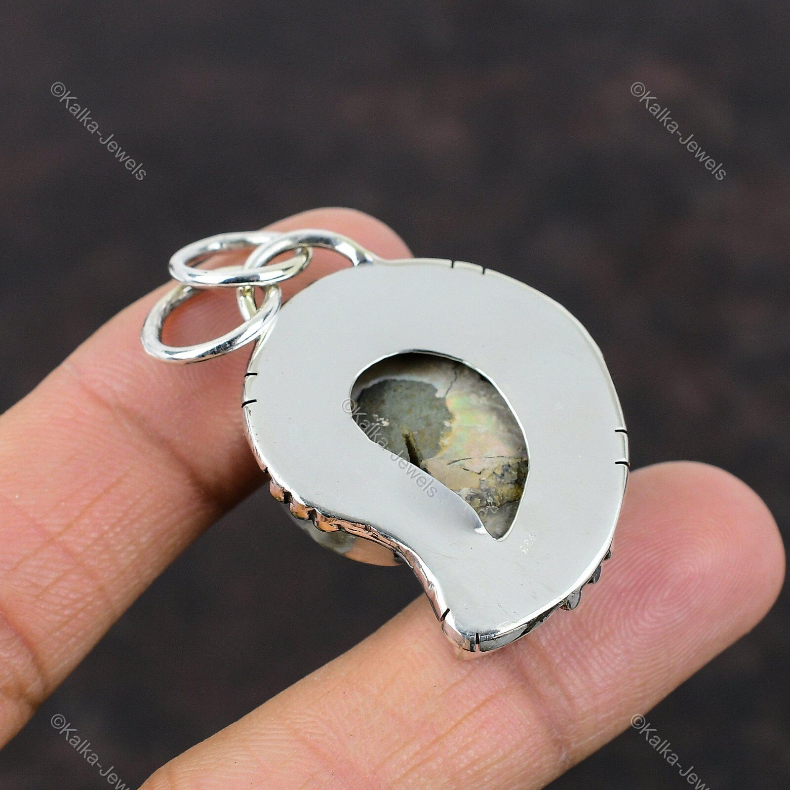 Natural Ammonite Fossil Gemstone Pendant Vintage 925 Sterling Silver Jewelry