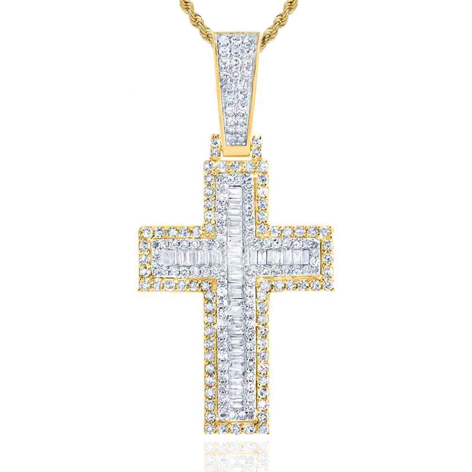 Real Diamond Round Baguette 10K Yellow Gold Cross Pendant 1.2″- 1.8″