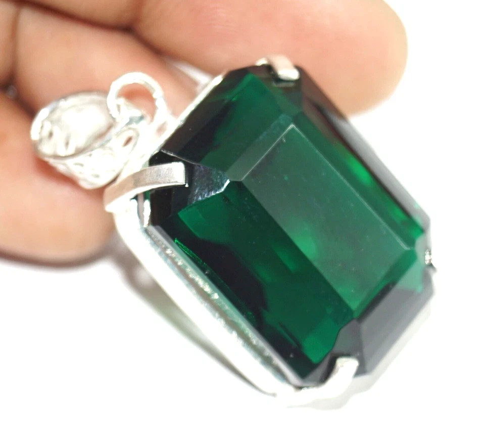120 Ct Natural Green Topaz Emerald Cut Pendant 925 Sterling Silver Certified