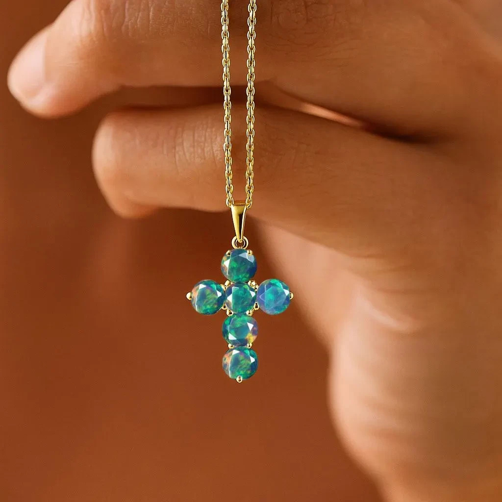 Fire Black Opal Gemstone Gold Cross Pendant, Natural Opal Chain Pendant Necklace