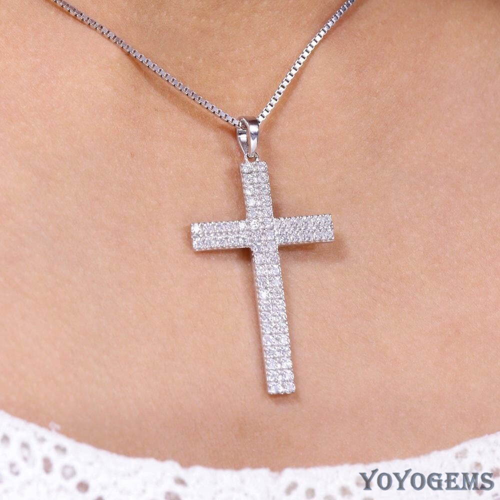 Moissanite Cross Wedding Pendant 2 Carat Round Cut F/VVS1 Solid 14K White Gold