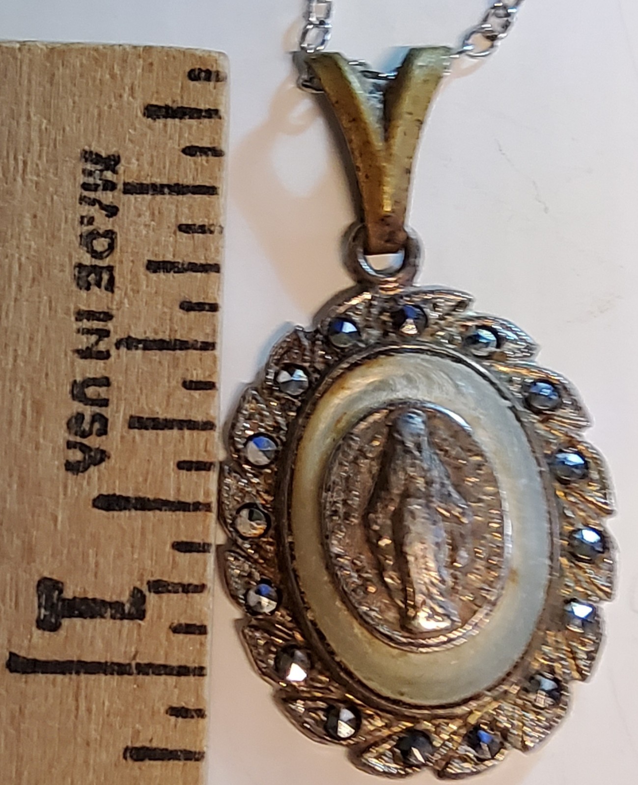Vtg 925 Sterling Miraculous Metal Mother Of Pearl Marcasite Pendant Virgin Mary
