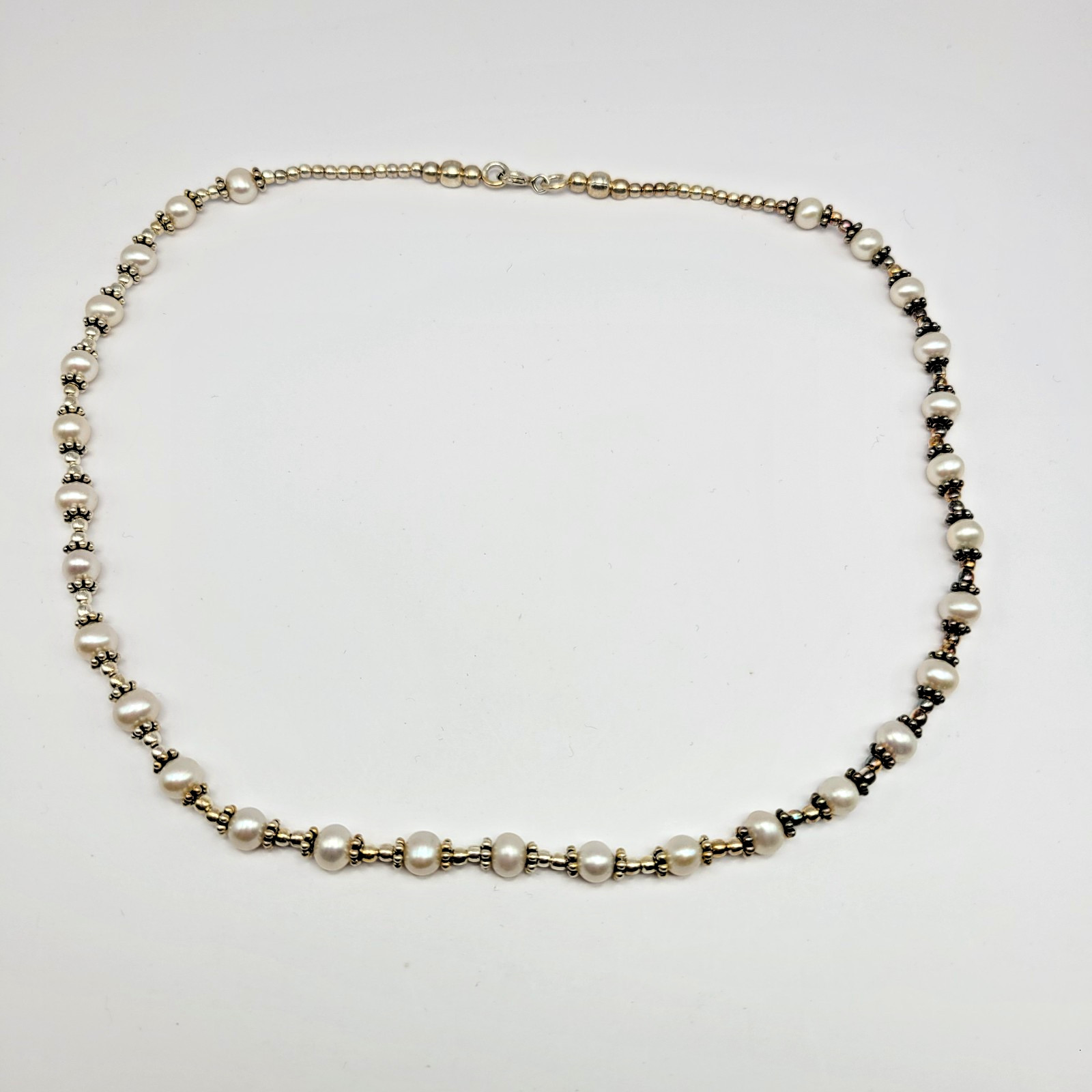 Sterling Silver 5mm Cultured Freshwater Pearl Bali Bead Station Necklace ~ 16″
