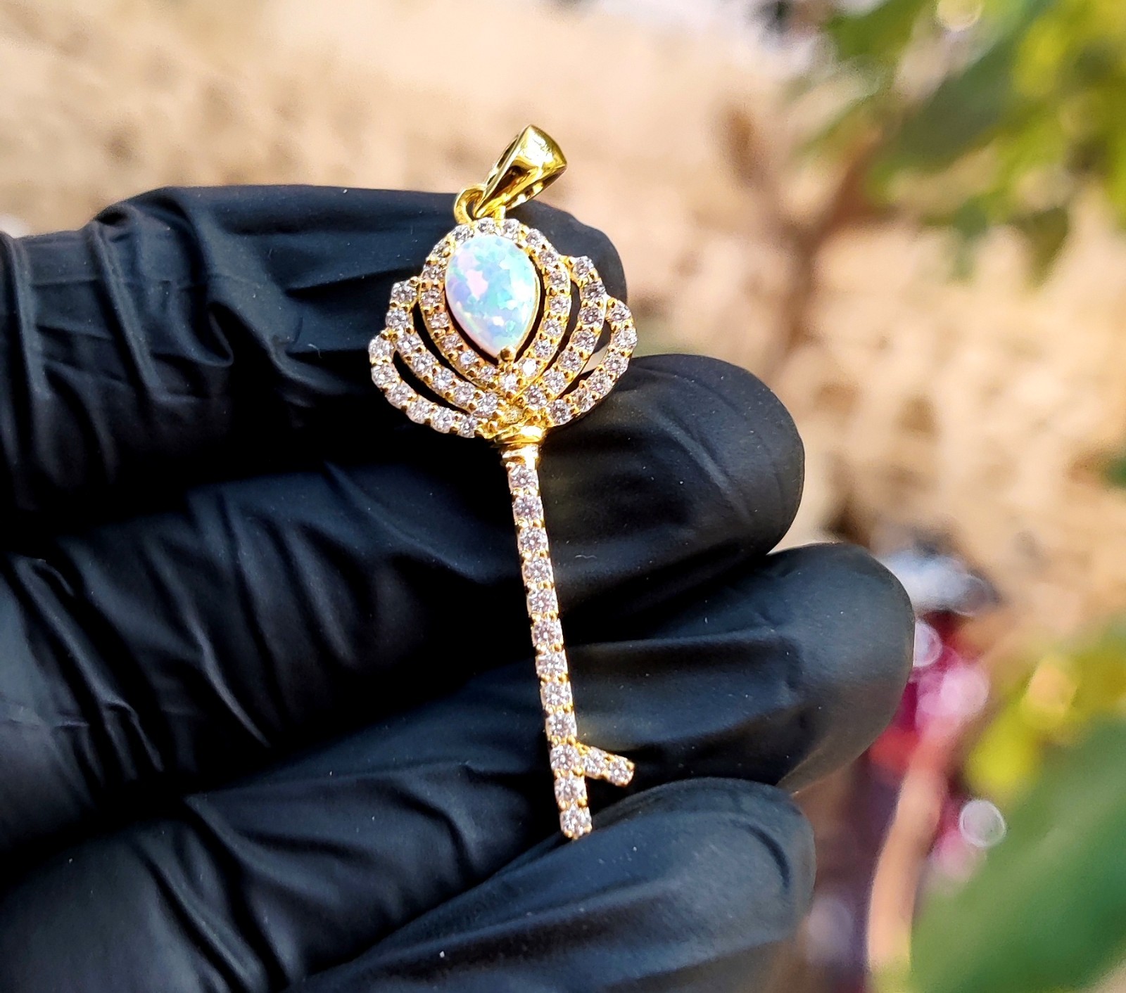 2Ct Pear Cut Lab Created Fire Opal Key Pendant 14K Yellow Gold Plated 925 Silver
