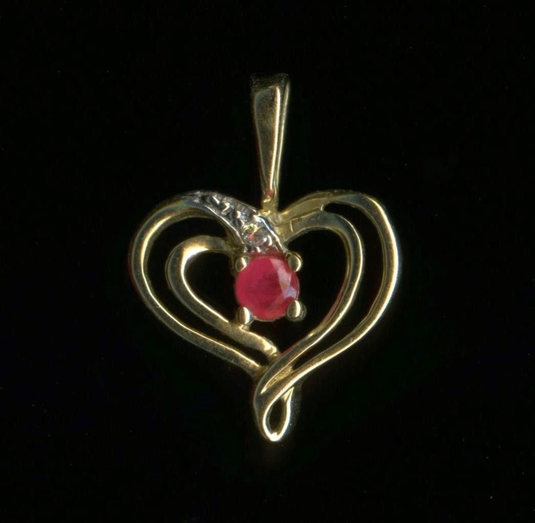 10K 16mm Solid Yellow Gold Red Ruby Gemstone & Diamond Heart Pendant dc
