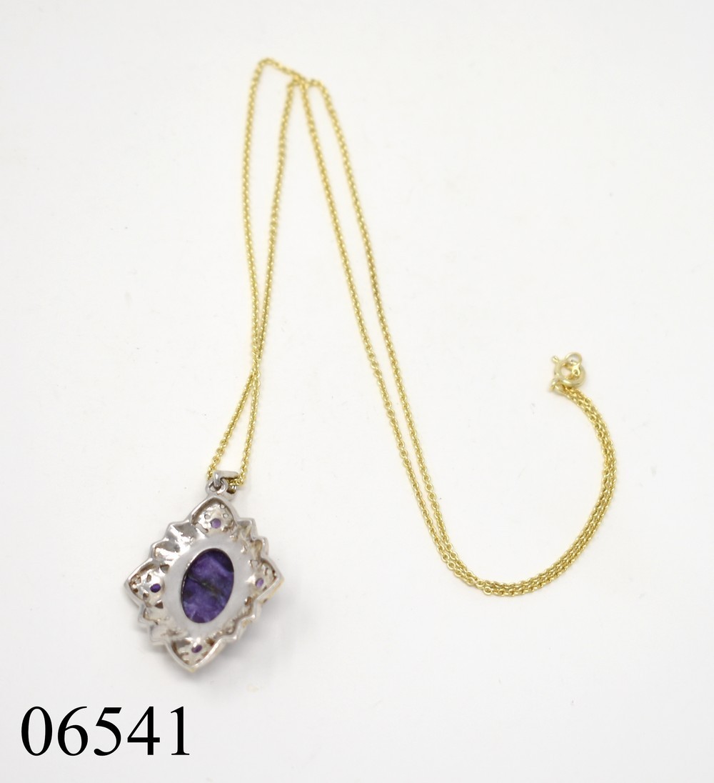 STS Silver 925 2-Tone Charoite & Amethyst Pendant Gold-P Chain Choker Necklace