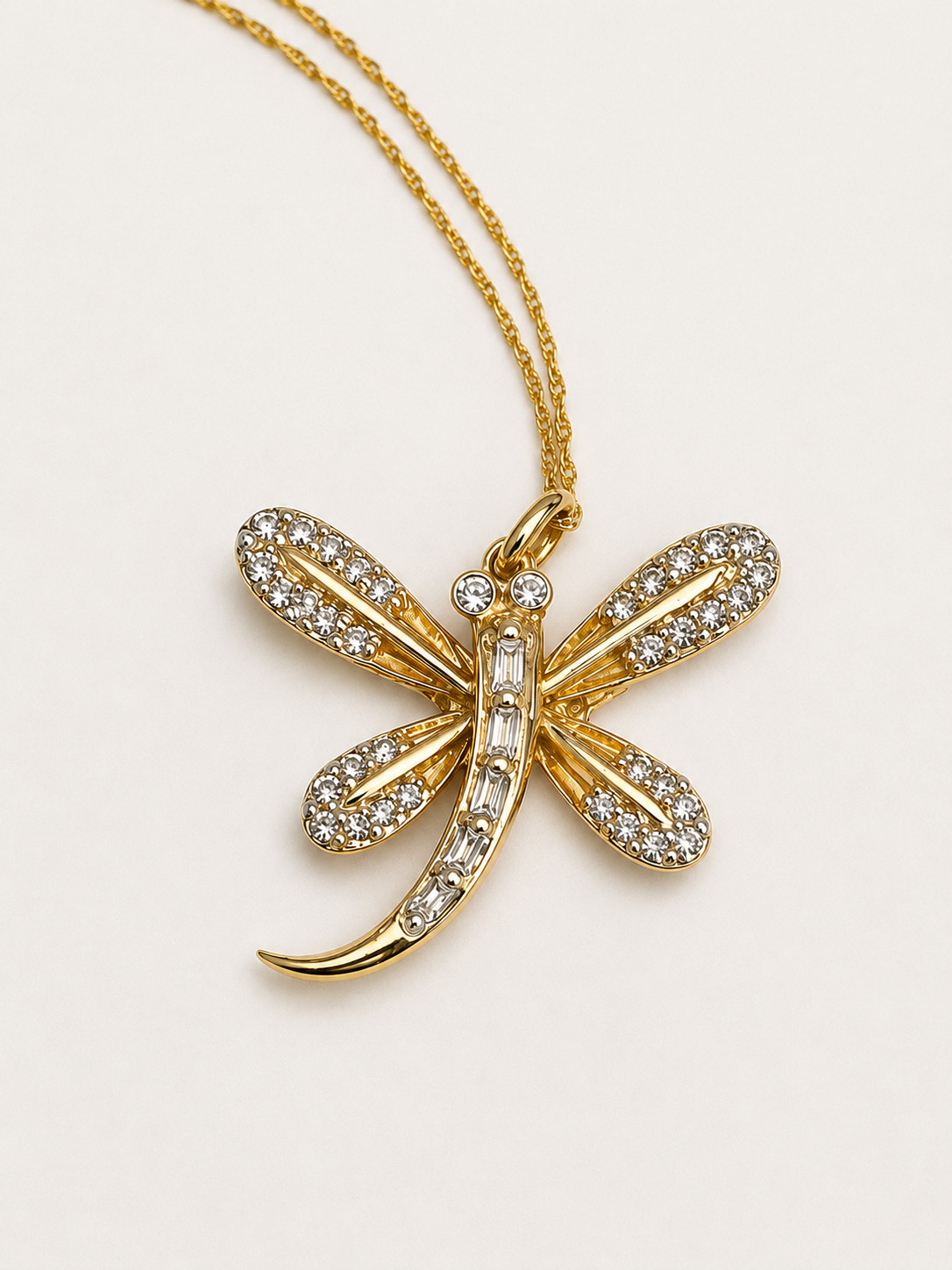 10K YELLOW GOLD DIAMOND 7/10th INCH DRAGONFLY PENDANT NECKLACE 18 INCH
