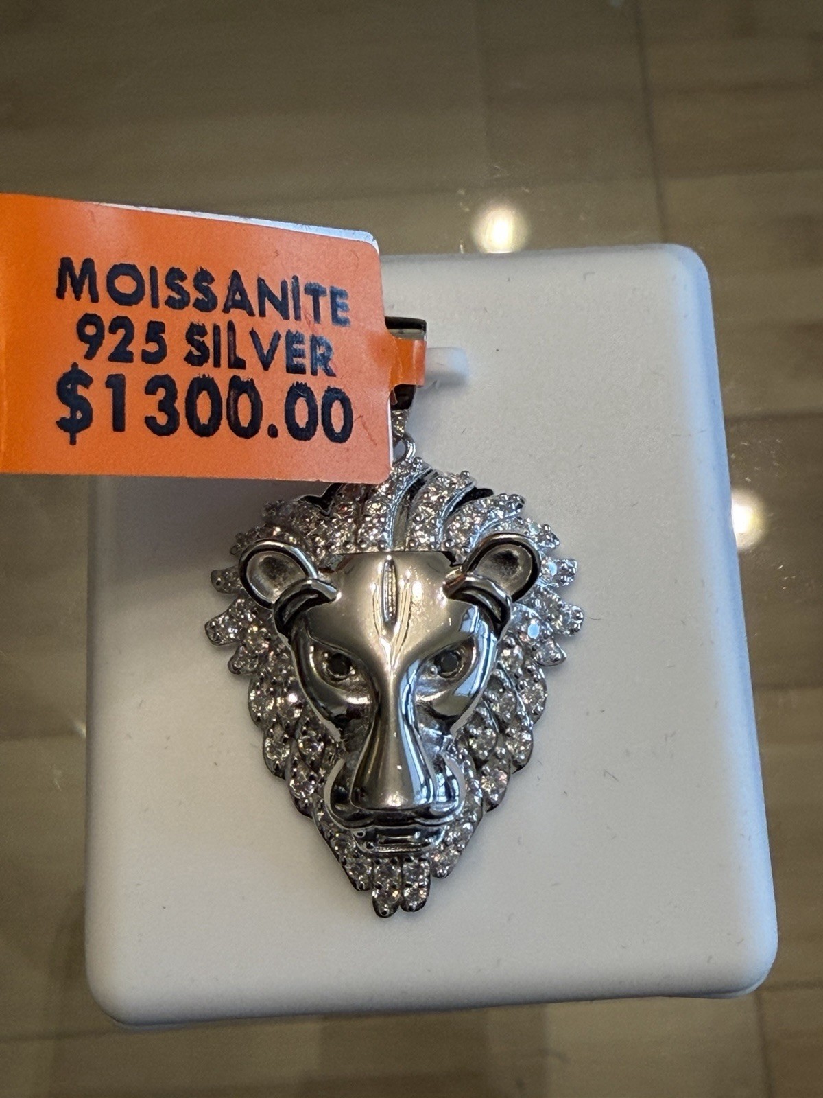 Moissanite Lion Head Pendant in 925 Sterling Silver, White/Colorless Stone