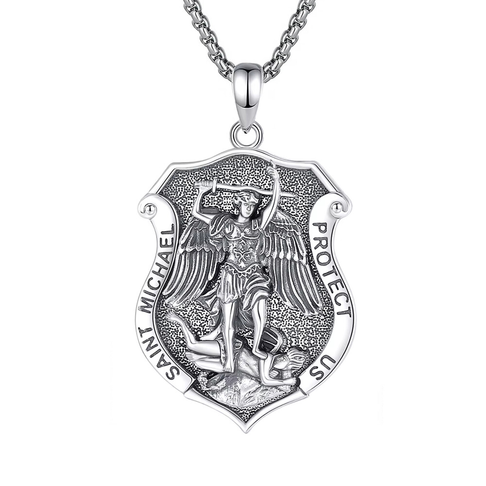 MLD 925 Sterling Silver Saint St Michael Shield Medal Pendant Necklace