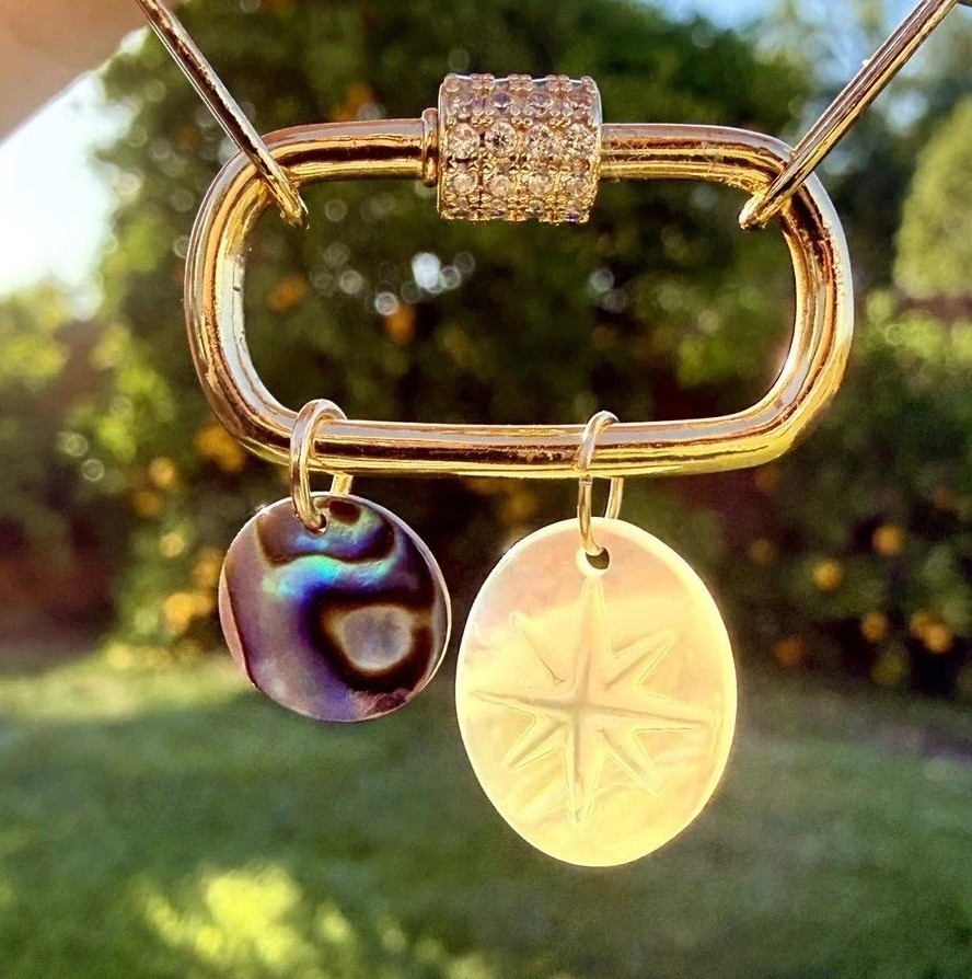 14k Solid Gold Charm • Coastal Abalone Coin Shell Pendant • Beachy Ocean Jewelry