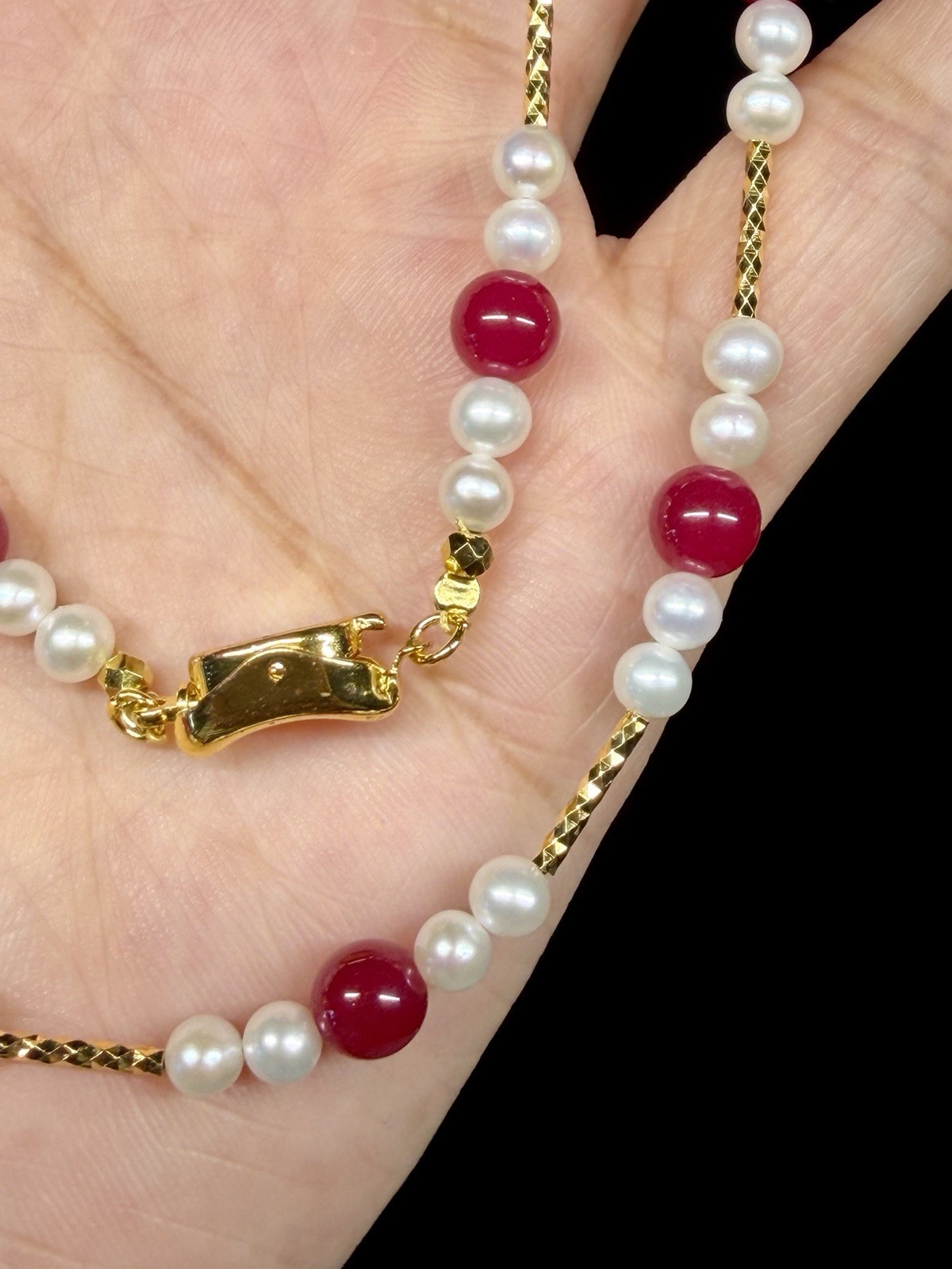 Ruby w/ Natueal cultured Pearl Necklace 925 Solid Sterling Silver Gold Plated