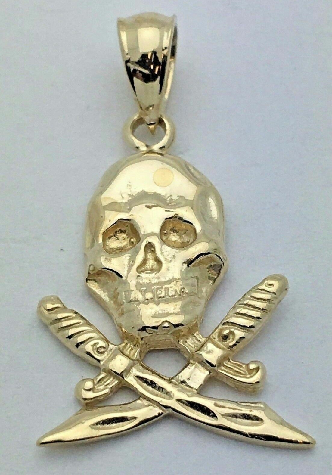 14k Yellow Gold Skeleton Dagger Skull Pirate Charm Pendant 1″ 2 grams