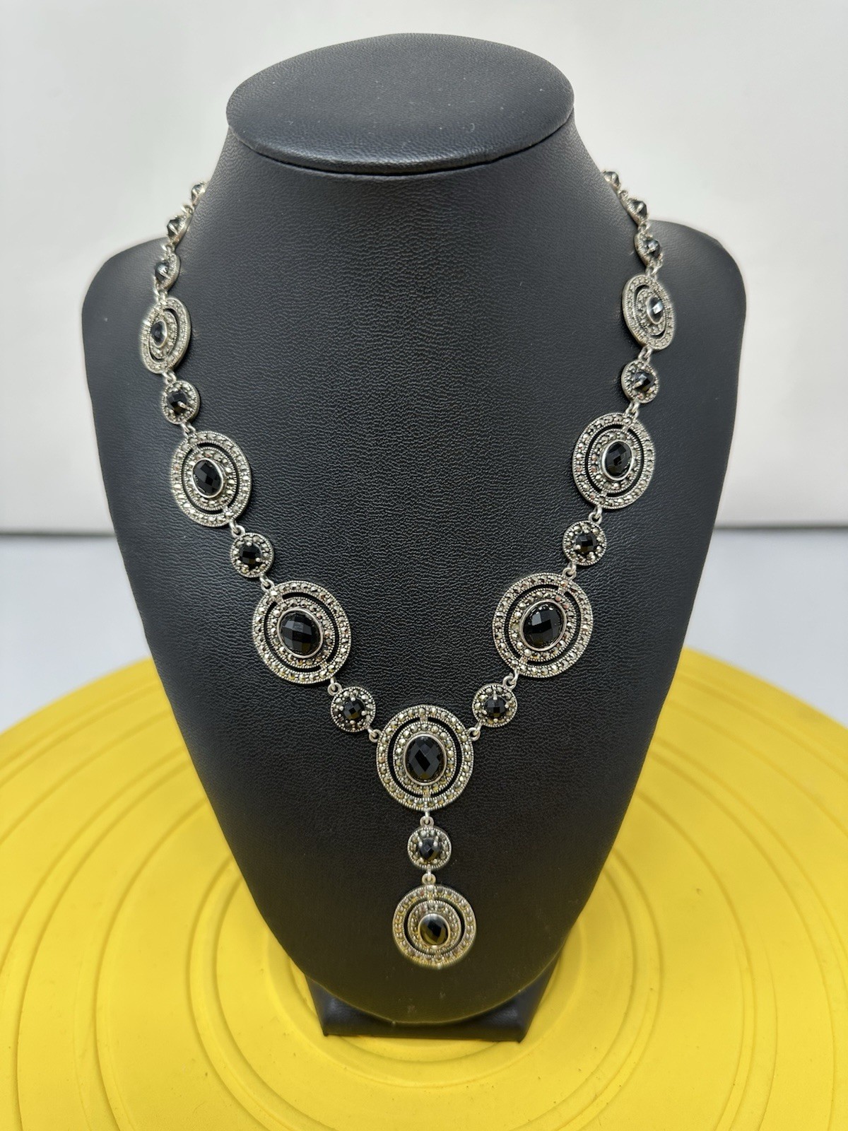 Sterling Silver Onyx & Marcasite Y-Drop Choker Necklace Modern Elegant 47g 17”+