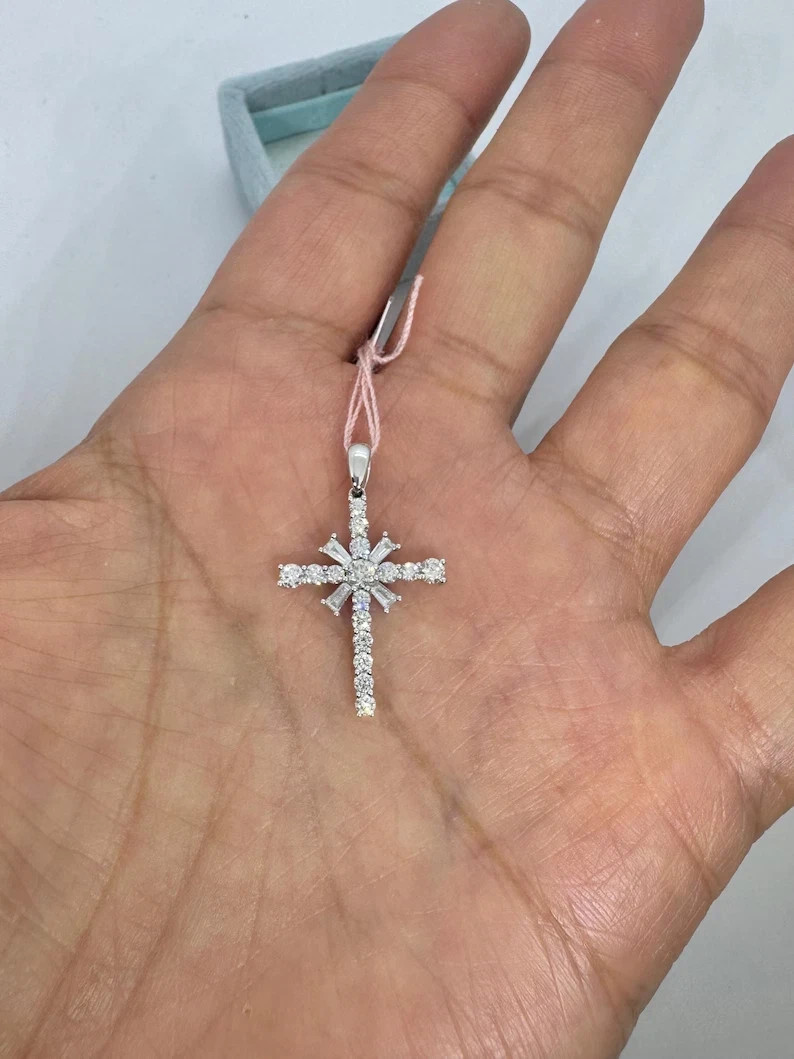 1.10Ct Round Cut Real Moissanite Women’s Cross Pendant 14K White Gold Plated