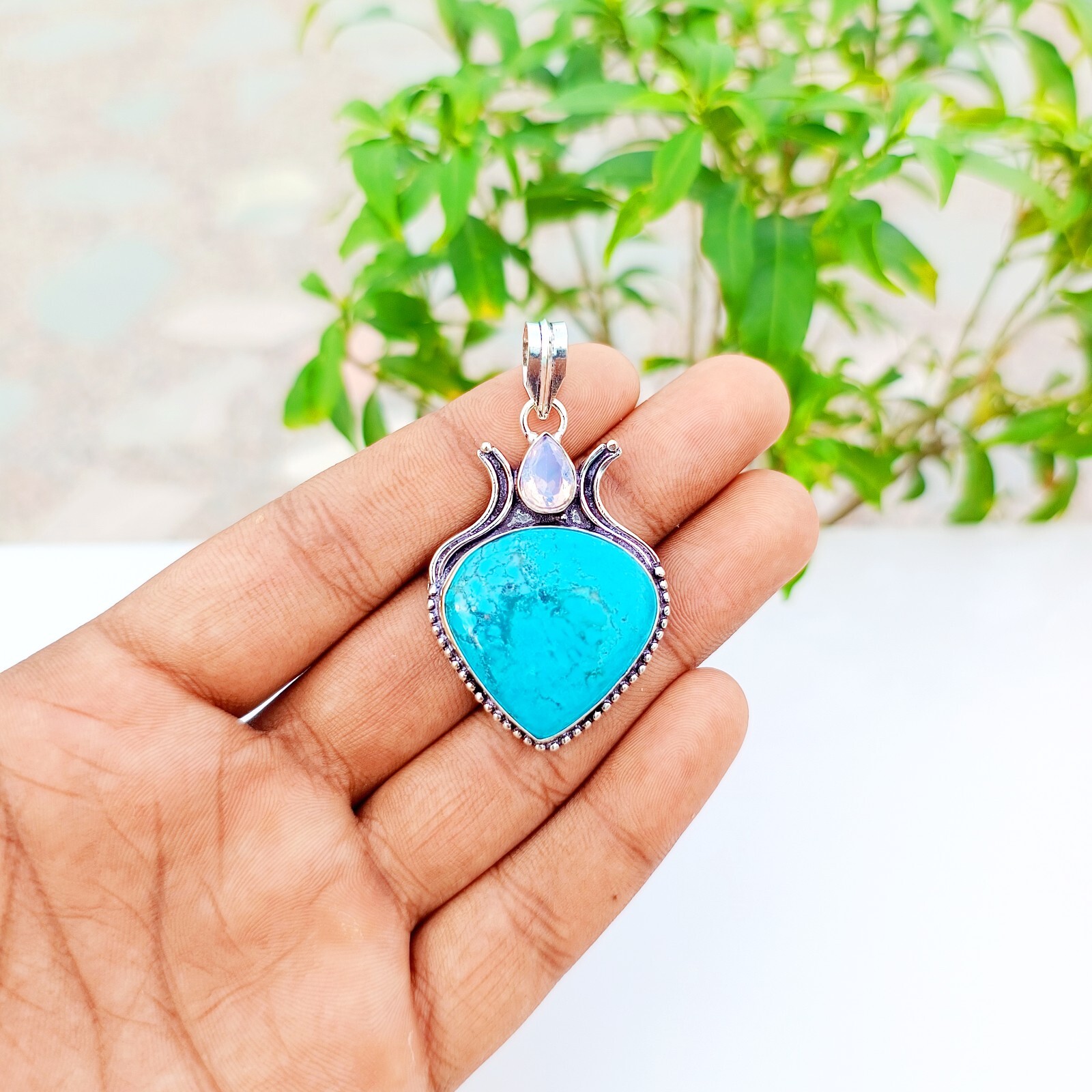 Natural Turquoise Gemstone Pendant 925 Sterling Silver Handmade Jewelry 2.20″