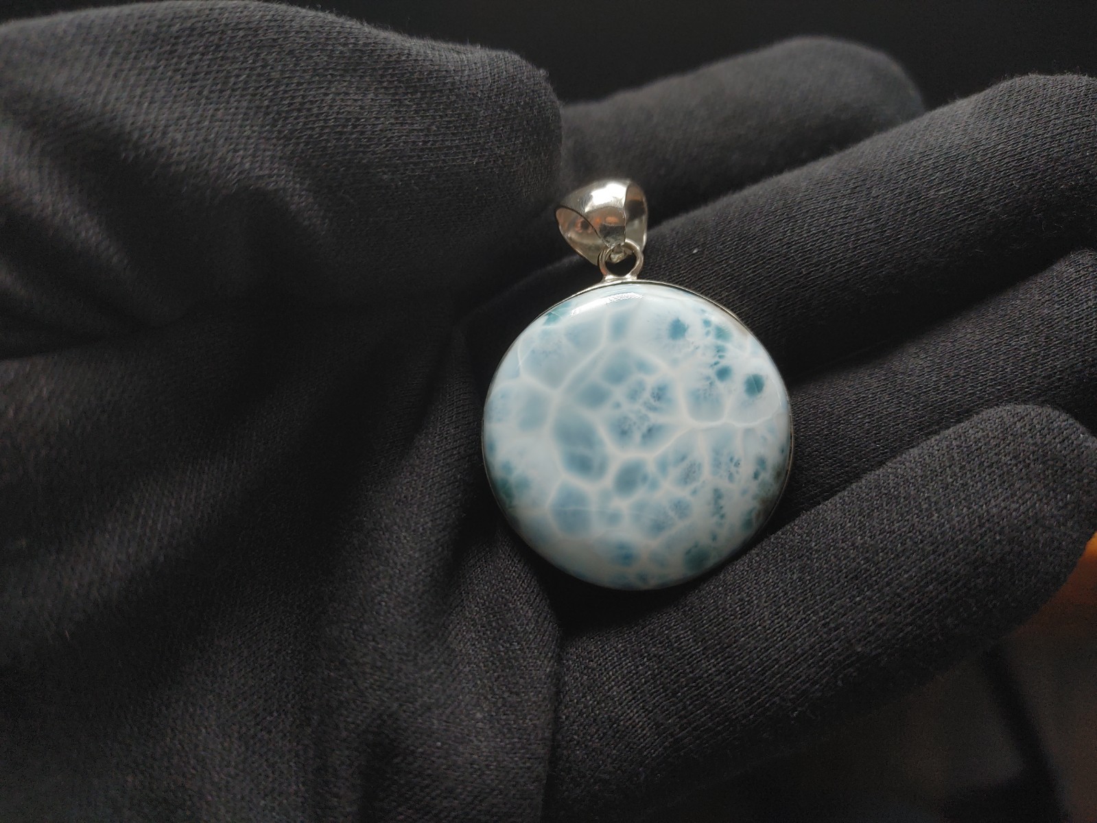 Larimar Circle Pendant- Sterling Silver Setting 23.6 grams