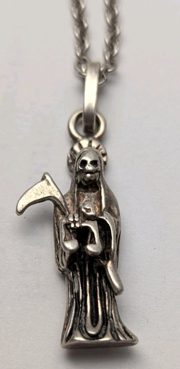 Sterling Silver Santa Muerte / Grim Reaper Pendant on Necklace Masrked “Avery”