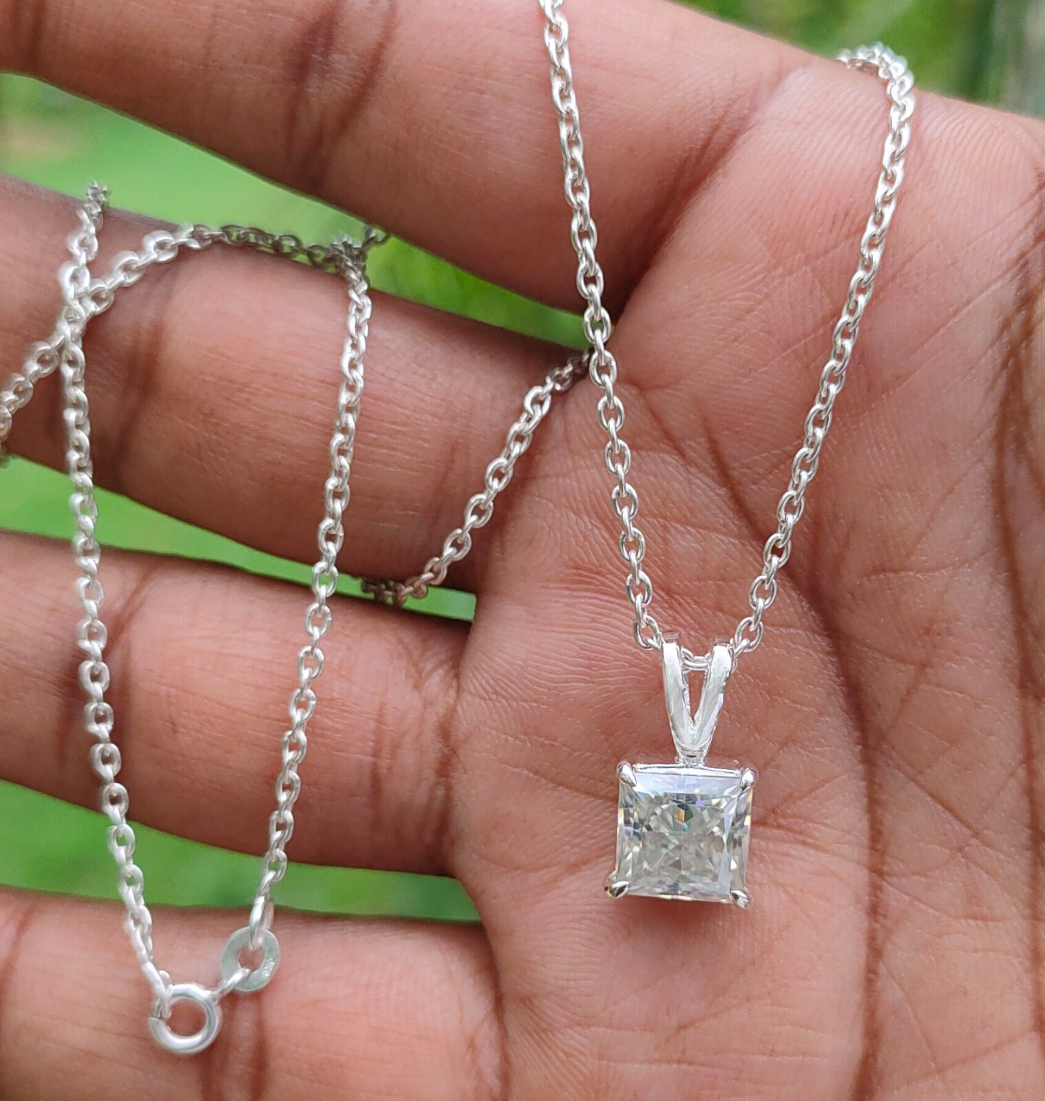 4 Ct Princess Cut White Diamond Solitaire Pendant, Free Diamond Studs