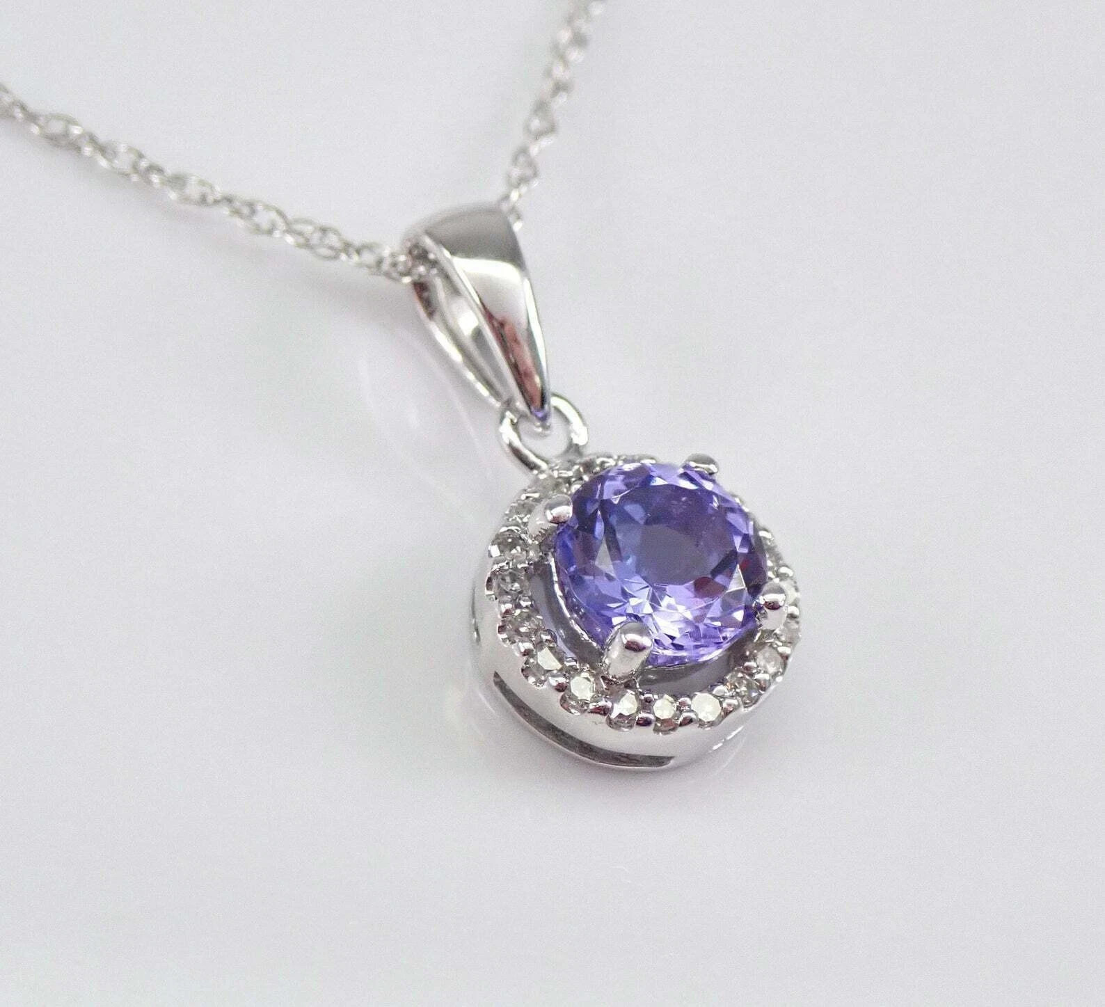 2Ct Round Cut Blue Tanzanite Halo Pendant Solid 14K White Gold Finish Free Chain