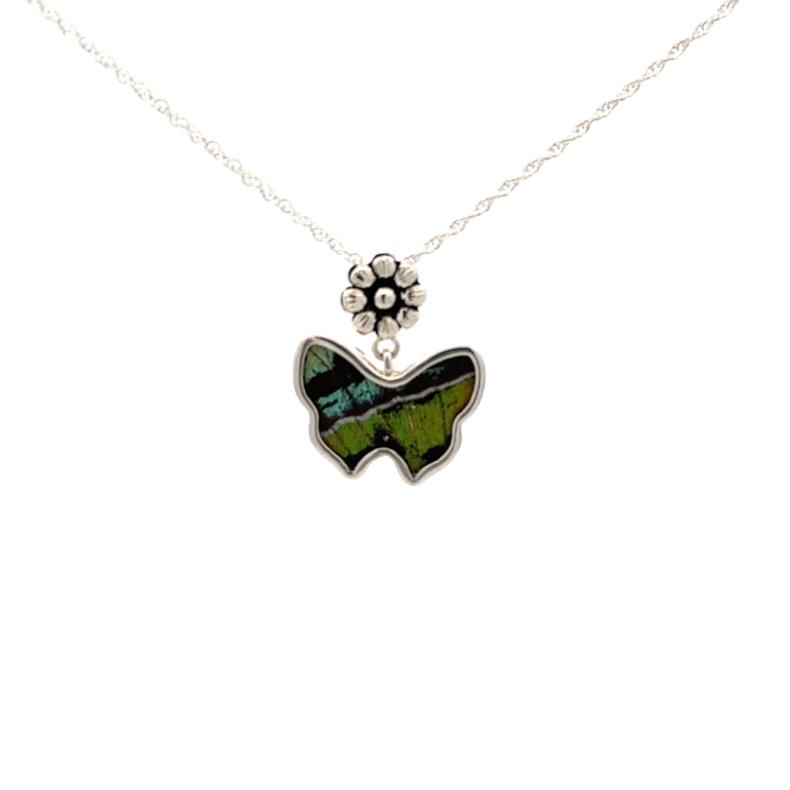 .950 Silver Natural Butterfly Wing Necklace-Butterfly 21 x26 mm (.925 / 18 inch)