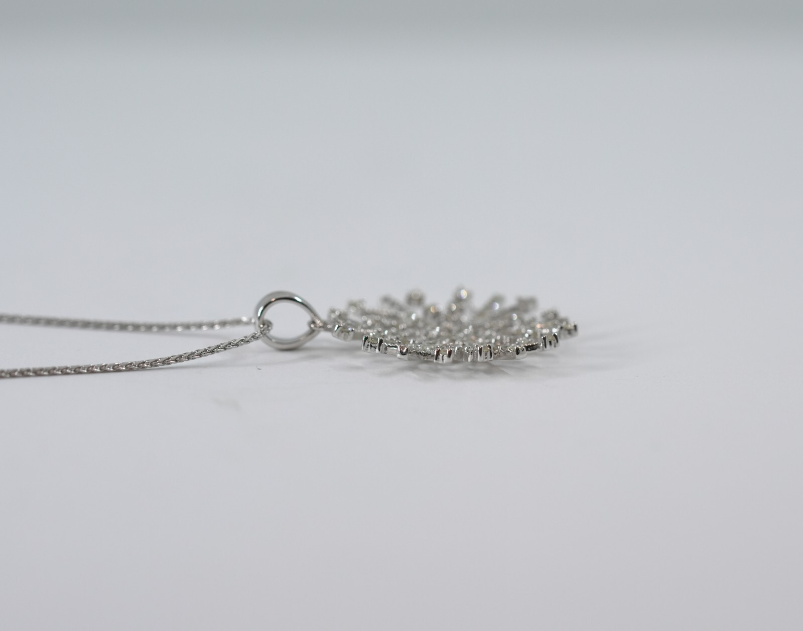 0.55CTW Diamond Snowflake Necklace 14 Karat White Gold 18″ Wheat Chain 32 x 25MM