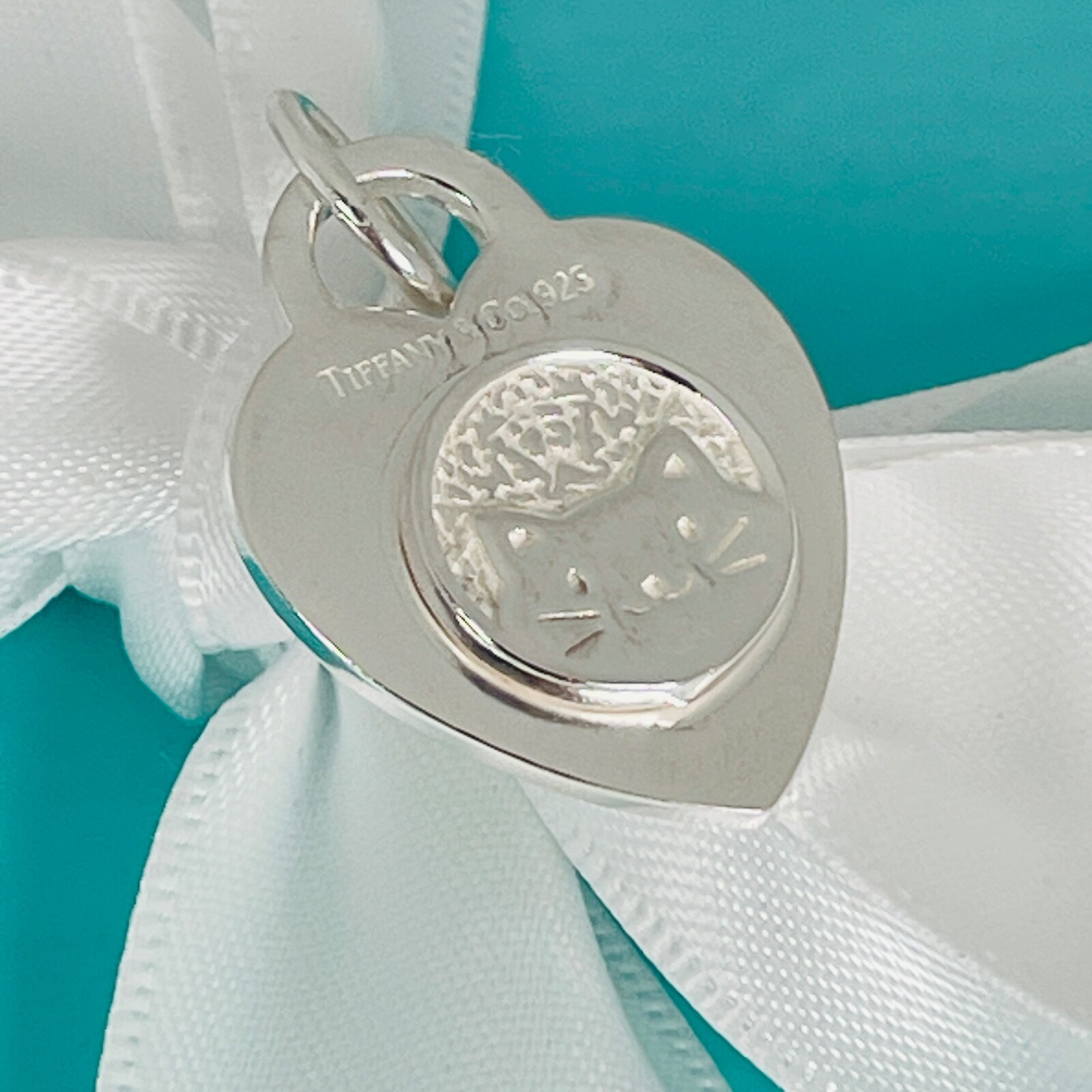 Customized Bedazzled Embellished Tiffany Silver Cat Heart Tag Charm Or Pendant