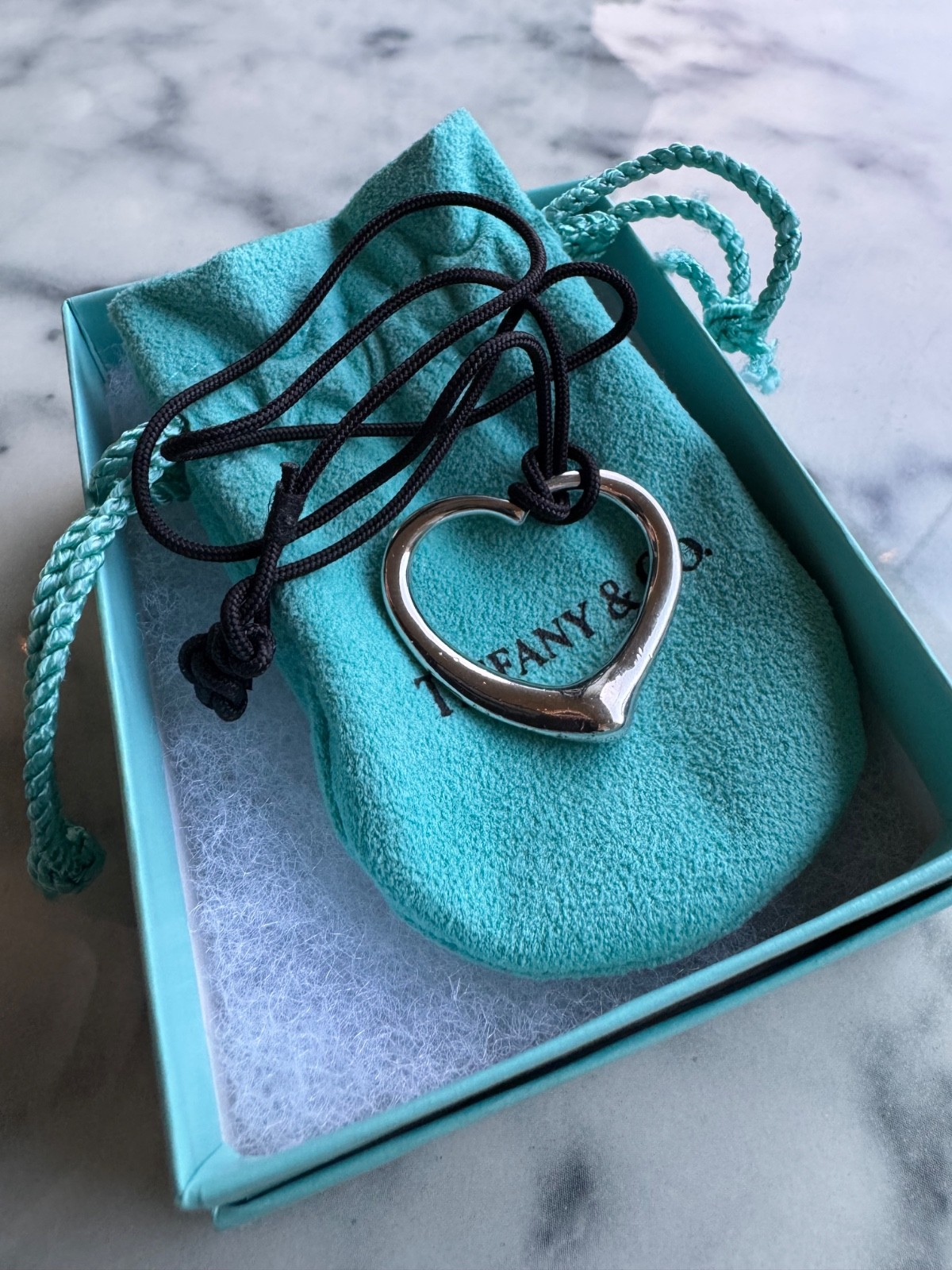Tiffany & Co. Elsa Peretti Open Heart Pendant Necklace – Silk Cord