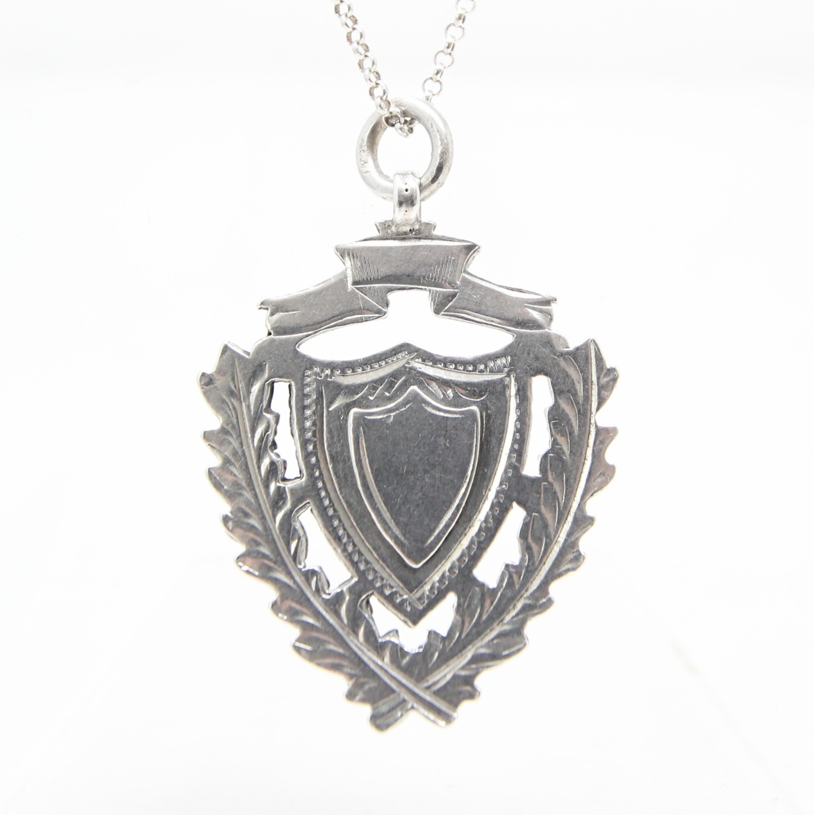 Antique 1918 English HM Solid Sterling Silver Shield Watch Fob Medal Pendant