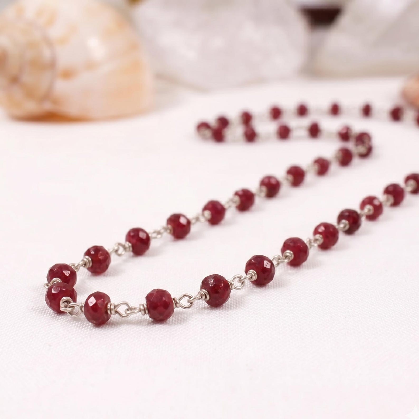 Natural Ruby Beaded Choker Necklace 925 Sterling Silver Rosary Handmader Jewelry