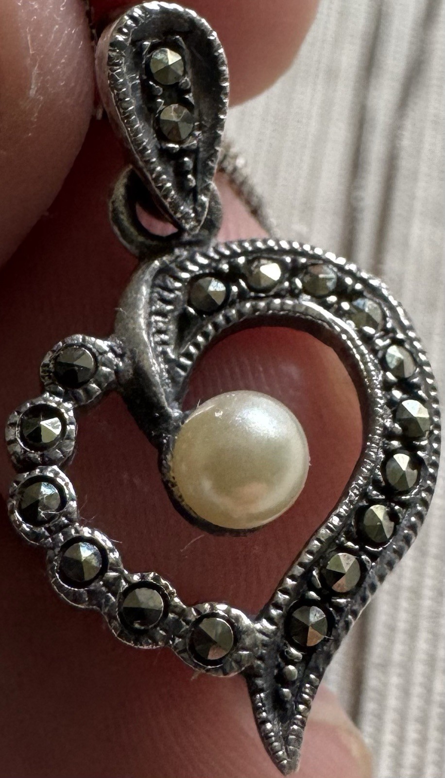 925 Sterling Silver Heart Charm Pendant Necklace White Pearl Marcasite 18in