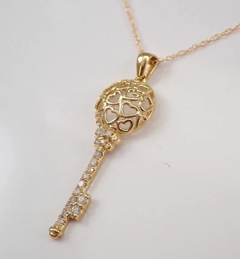 0.50Ct Lab Created Diamond Round Key Pendant Chain 18” 14K Yellow Gold Plated