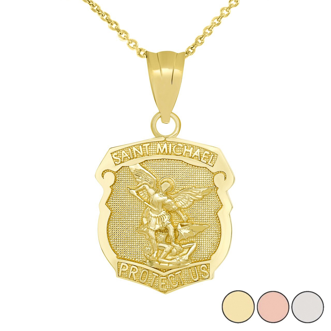 Gold St. Michael Protect Us Shield Pendant Necklace (Yellow/Rose/White/Two Tone)