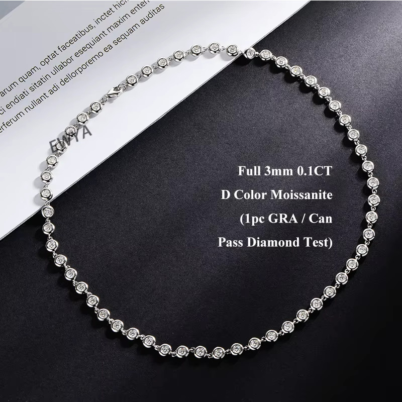 Bezel Set D Color Moissanite Tennis Necklace Chain 925 Silver 16 Inches WG GRA