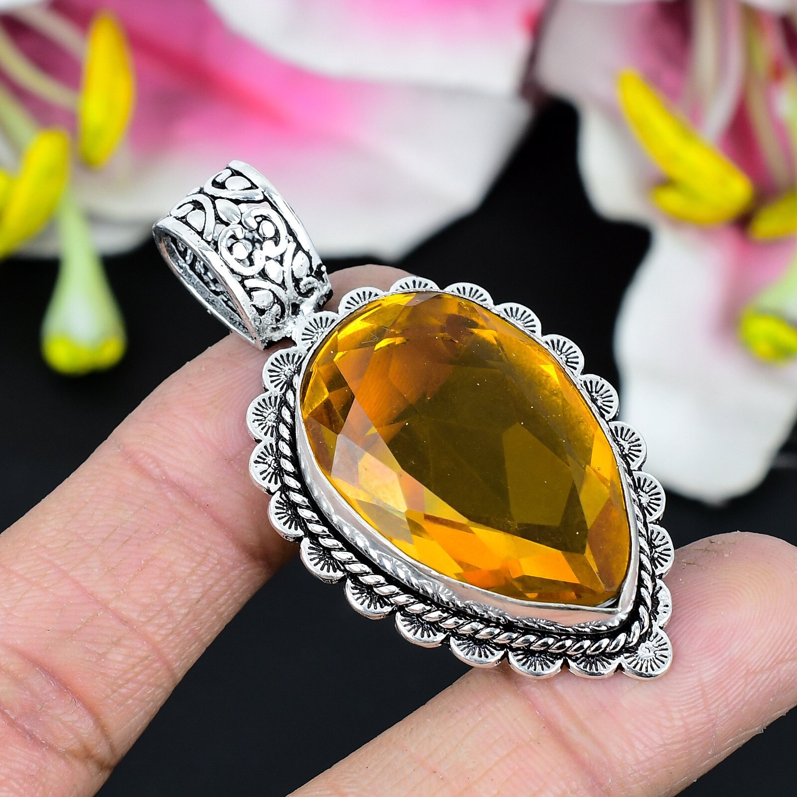 925 Sterling Silver Citrine Gemstone Handmade Jewelry Pendant Gift For Birthday