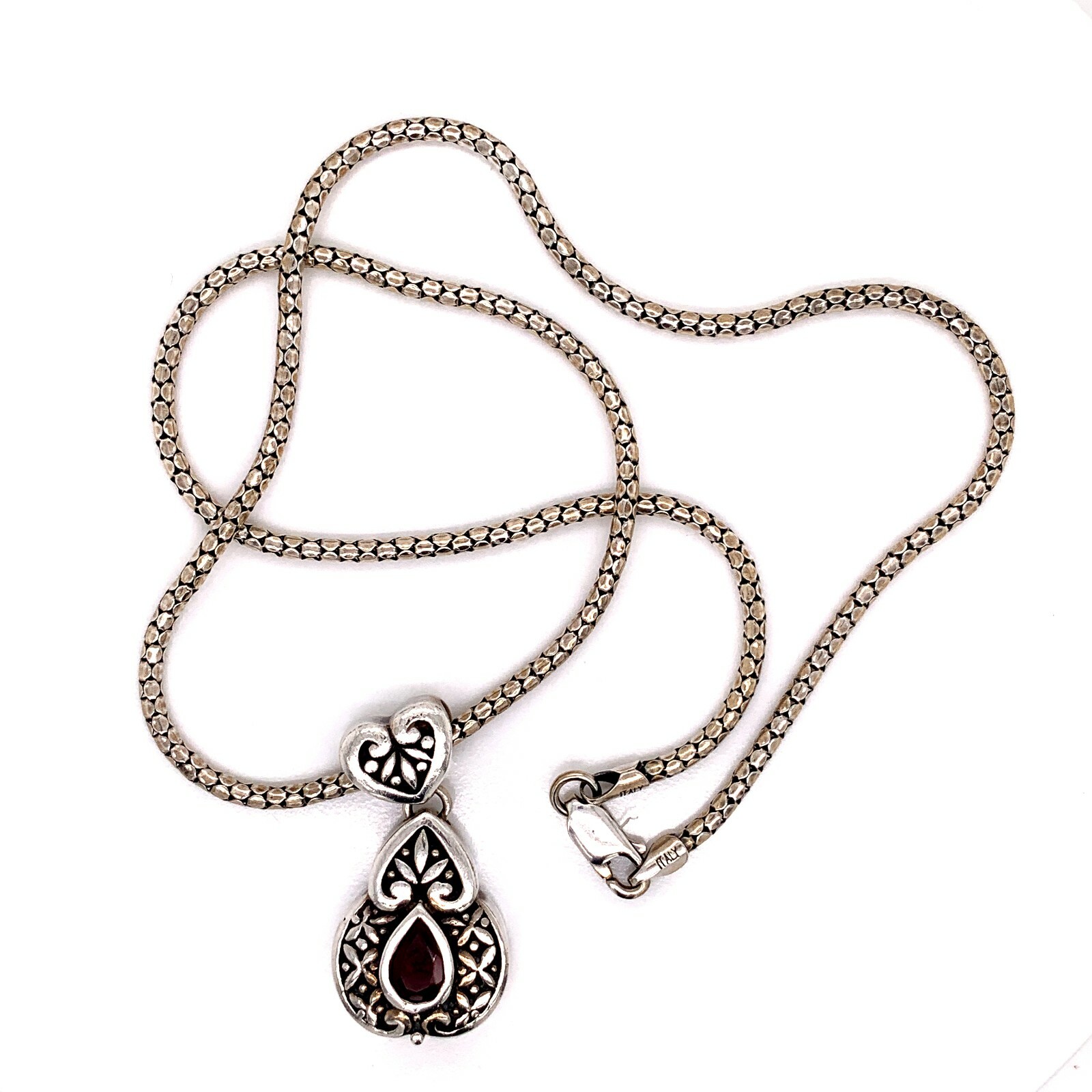 Designer C N A Indonesia Sterling Silver & Garnet 17” Ornate Design Necklace! 92
