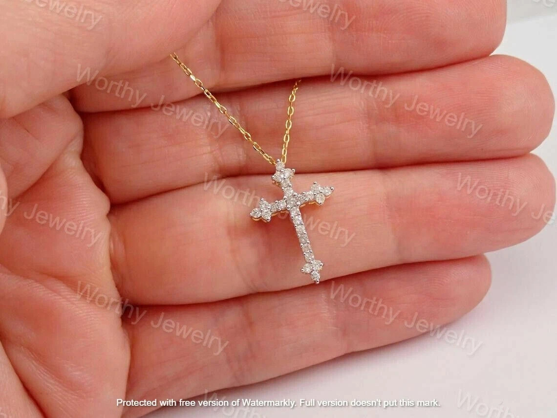 1.50Ct Round Cut D/VVS1 Diamond Cross Pendant 14K Yellow Gold Finish Free Chain