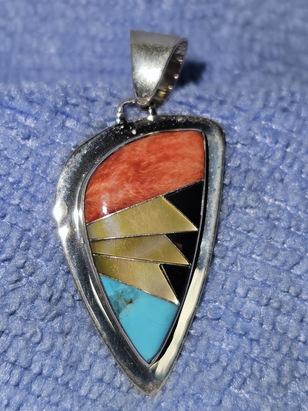 925 Silver Western Style Pendant Made In Philippines Multi-Stone Inlay 13g
