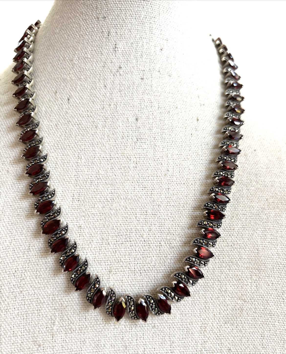 Vintage sterling silver garnet and Marcasites necklace 56 Marquise Cut Garnets