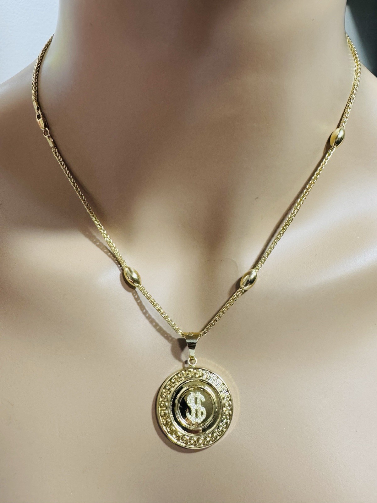 18K 750 Gold Oval Chain Dollar $ SET Necklace 17.6”/18” Long 9.6g 2.2mm WOMENS
