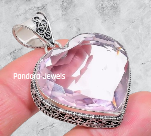 Heart Pink Kunzite Gemstone Handmade 925 Sterling Silver Jewelry Pendant J28