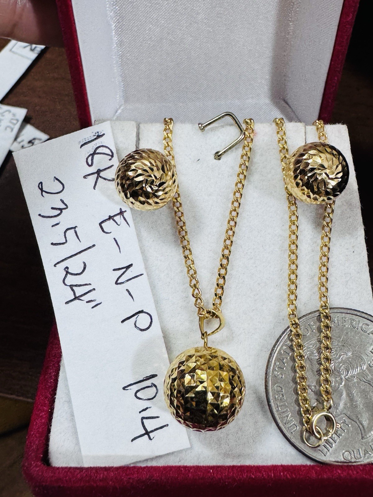 18K 750 Real Fine Gold Women’s Balls Earring & Necklace 23.5/24” long 10.4g 2mm