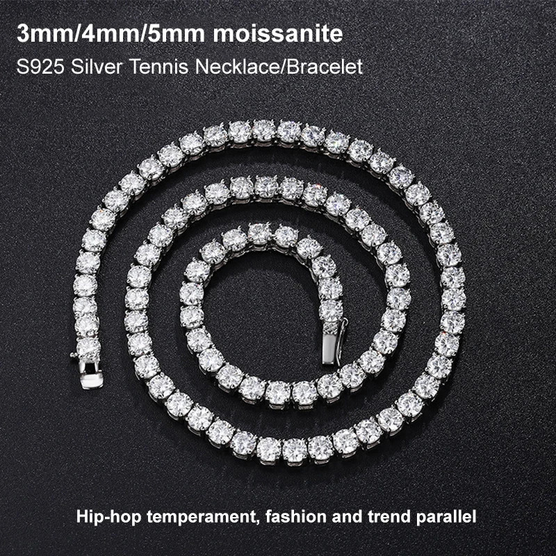 US 4mm D VVS1 MOISSANITE Tennis Chain Necklace – 925 Sterling Silver – Men Women