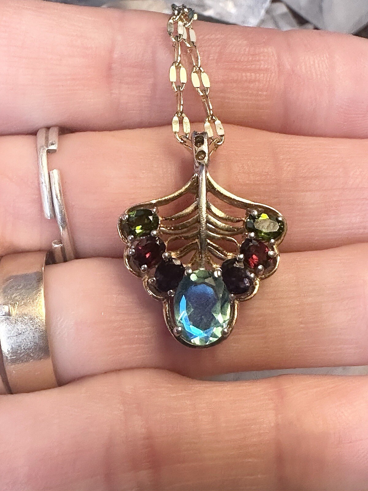 Peacock Quartz Amethyst Garnet Peridot Vermeil Gold 925 Silver Necklace 18 In