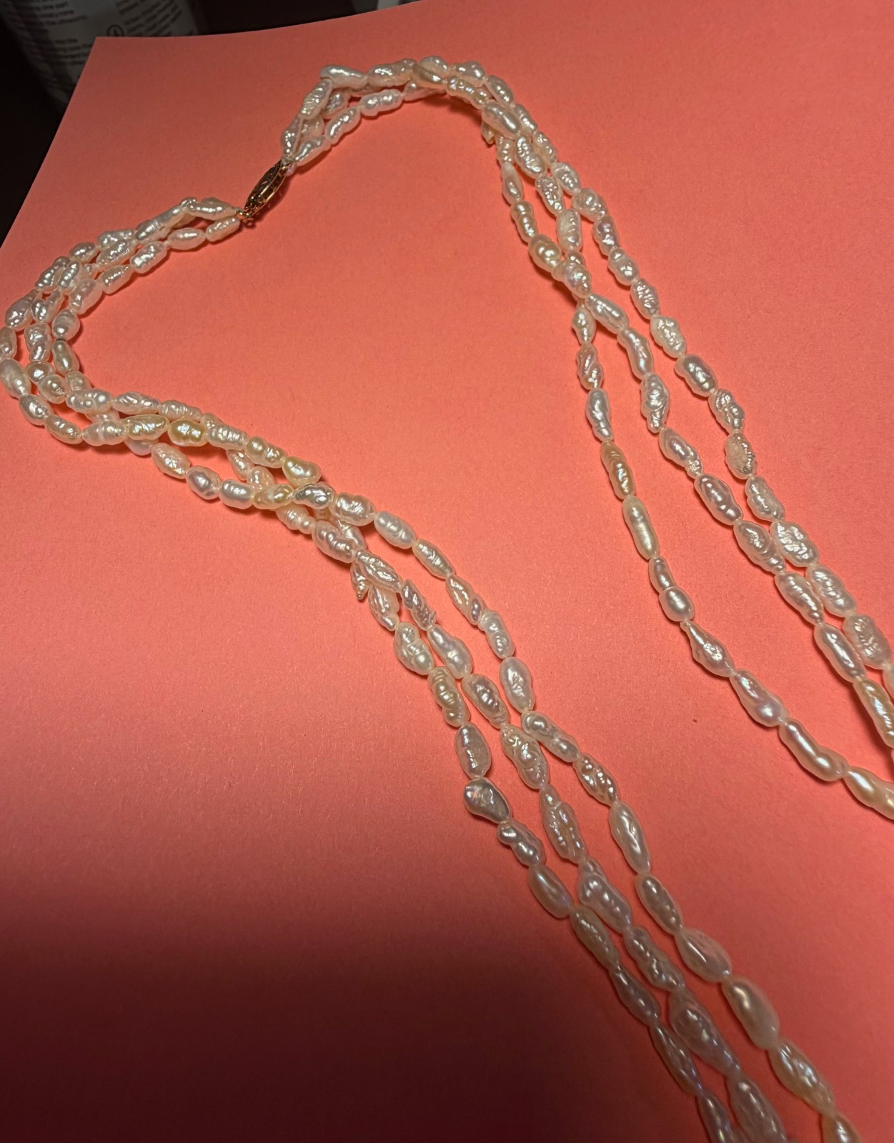 3 Strand Freshwater Pearls – 24″, IWI with 14K Clasp – Excellent Condition