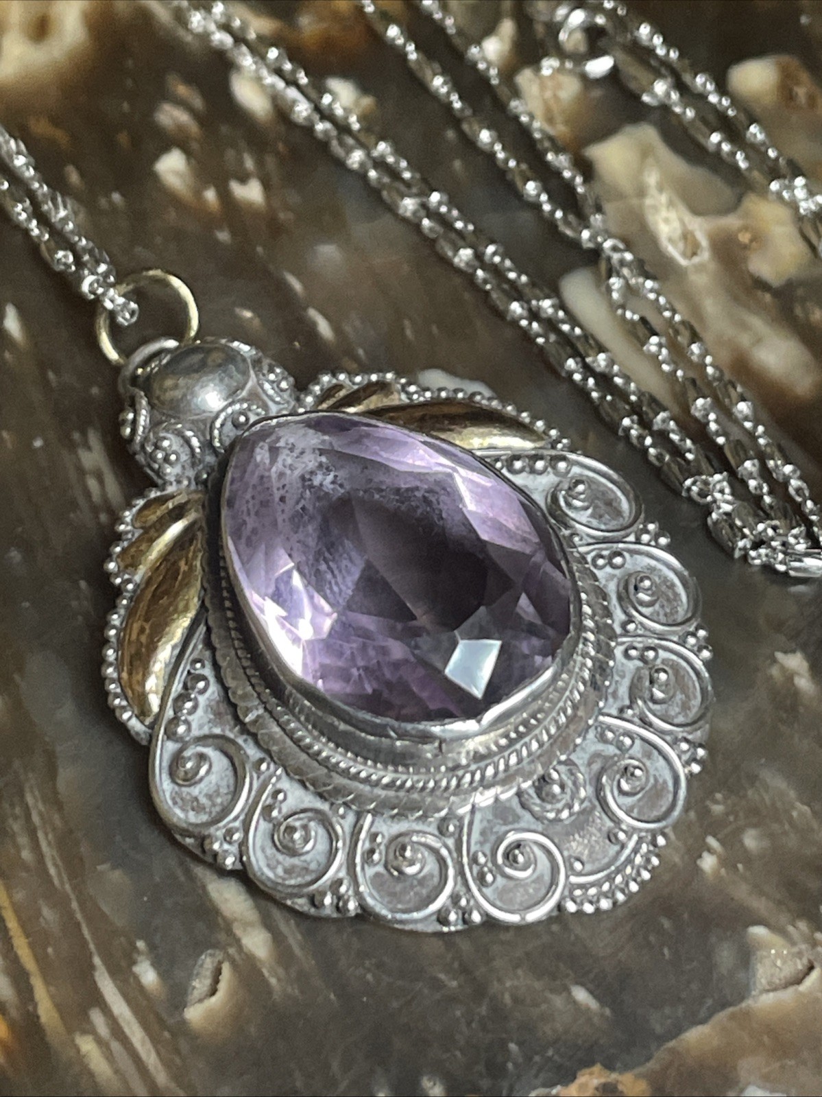 Faceted Amethyst And Sterling Silver Gold Accents Boho 23.5” Pendant Necklace