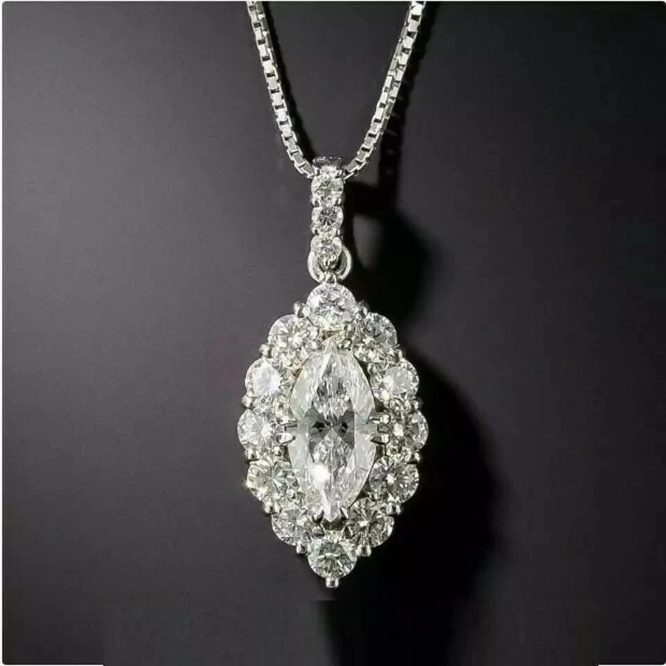 3 Carat Marquise Cut VVS1 Diamond Halo Pendant Necklace 14K White Gold Finish
