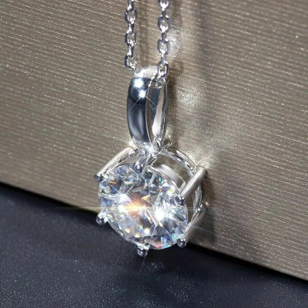 3Ct Round Cut Real Moissanit Solitaire Pendant 14K White Gold Finish Free Chain