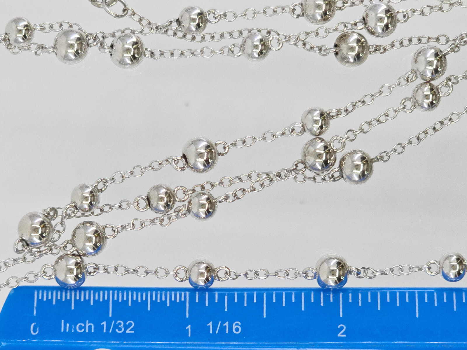 VTG 925 STERLING SILVER CURB LINK CHAIN & 6mm BEAD LONG STATION NECKLACE ~ 57 in